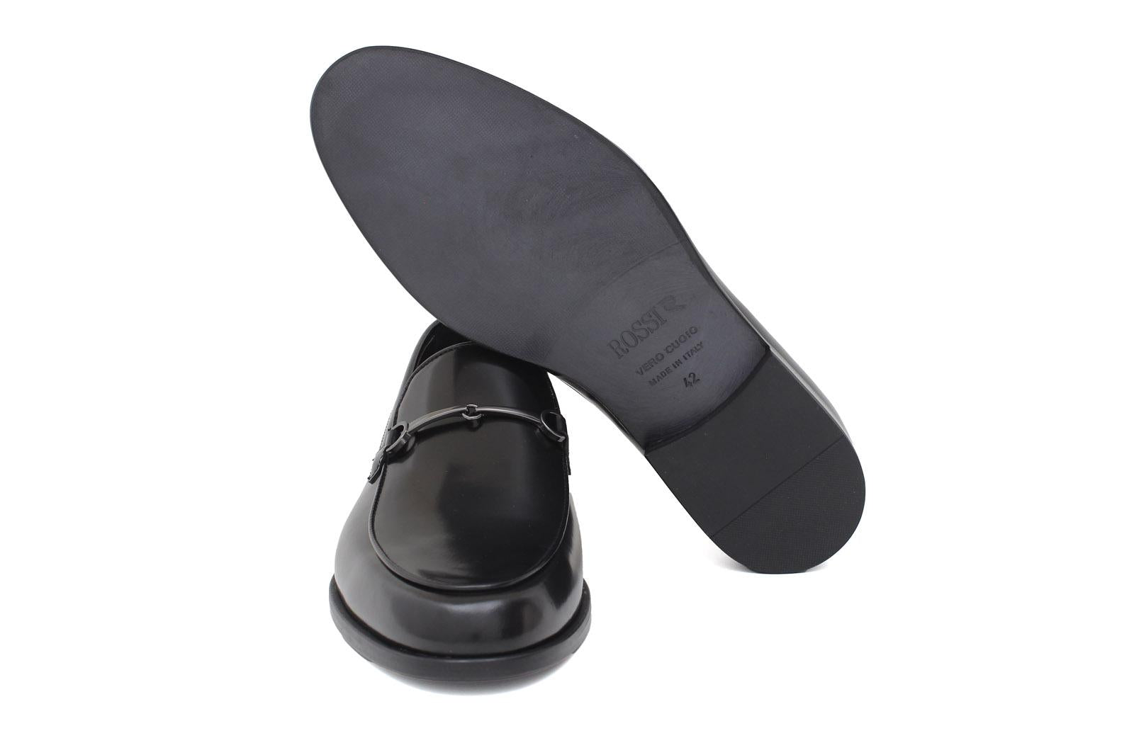 Mocassino con accessorio in vitello spazzolato nero con fondo in cuoio 1416TNE 628 ROSSI