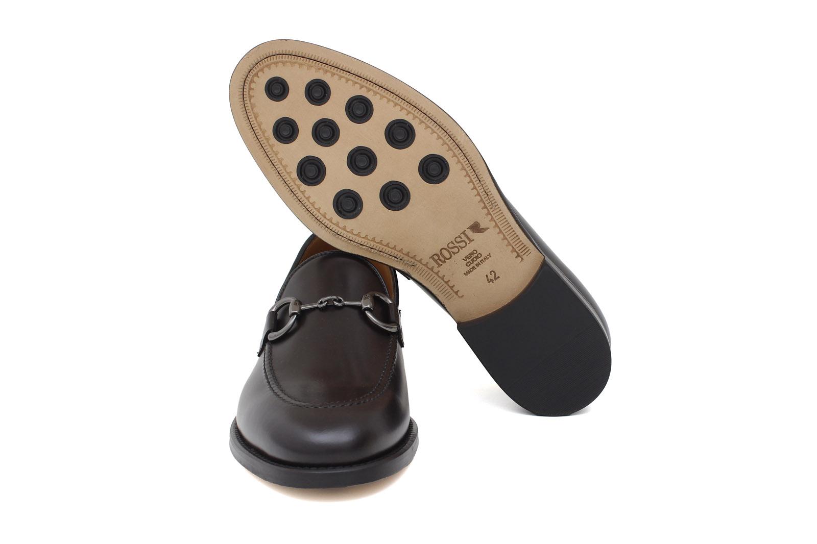 Mocassino con accessorio in vitello spazzolato testa di moro con fondo in cuoio antiscivolo 644MORSCTM 1129 ROSSI