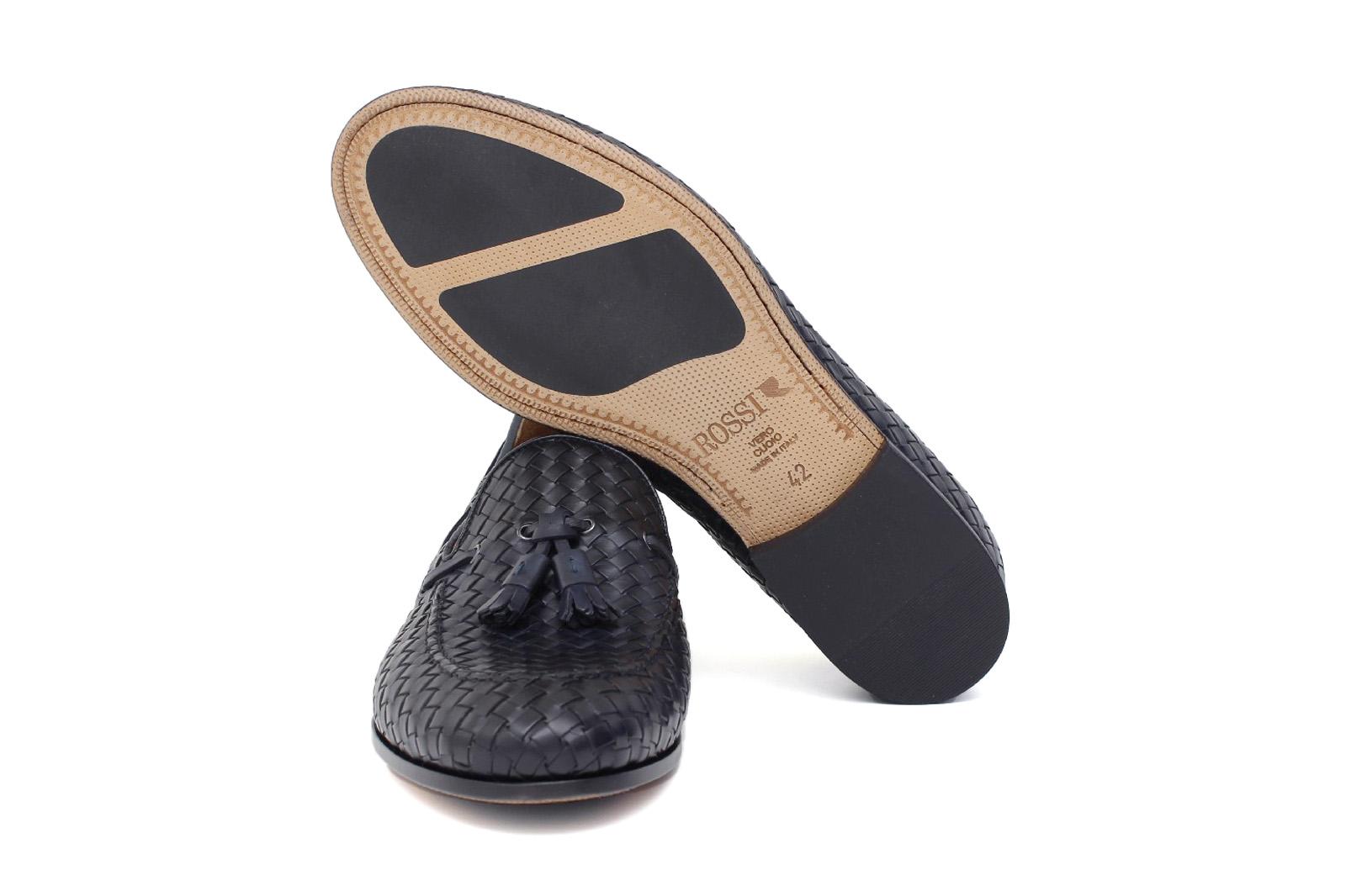 Mocassino a sacchetto intero intrecciato nel colore blu sfumato con fondo cuoio antiscivolo 265VITCBL 518 ROSSI