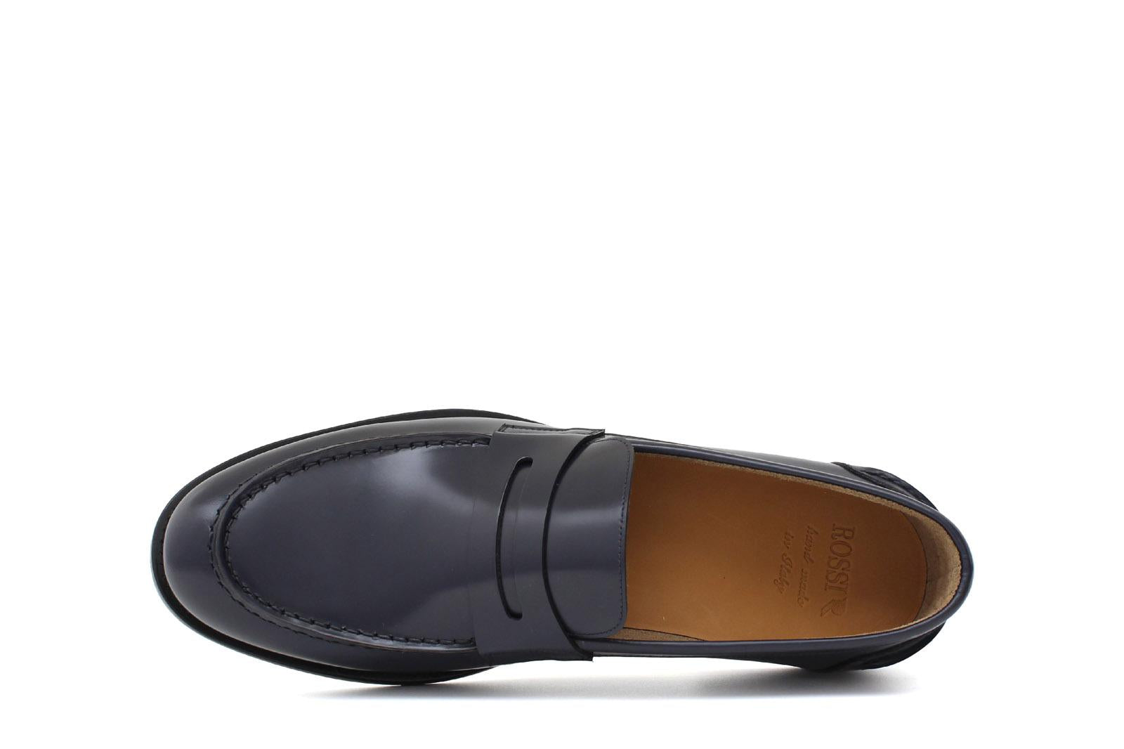 Mocassino sfoderato in vitello spazzolato blu con fondo in cuoio antiscivolo cucito blake 6651CBLU 977 ROSSI