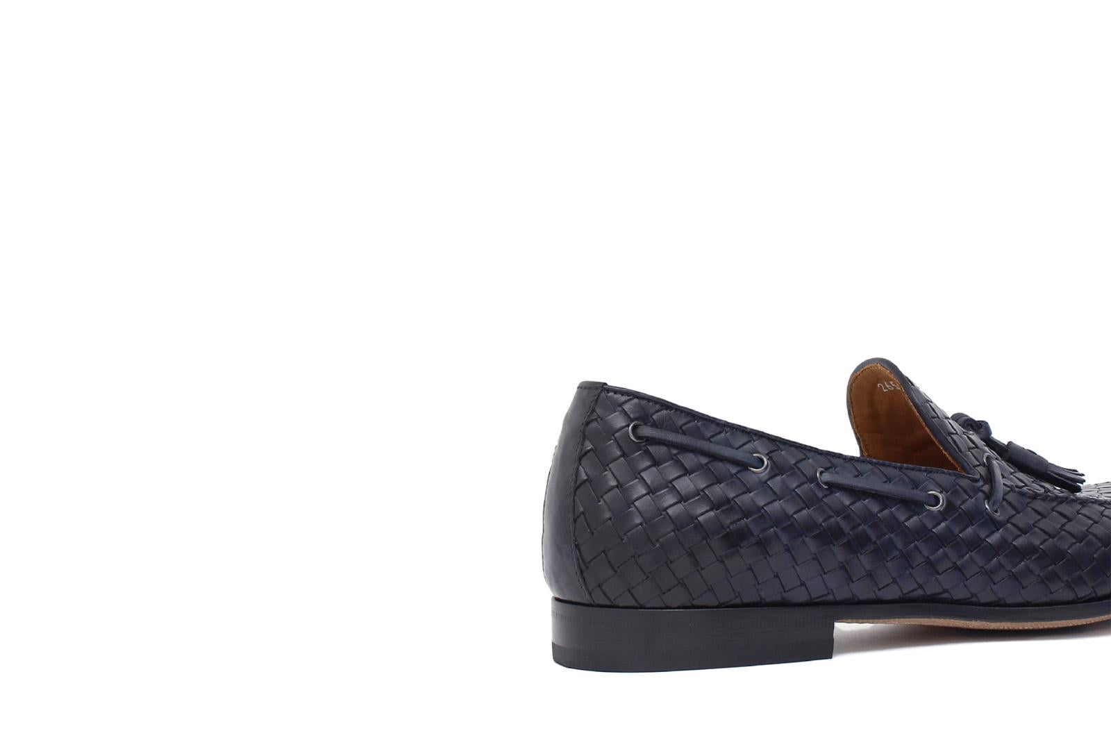 Mocassino a sacchetto intero intrecciato nel colore blu sfumato con fondo cuoio antiscivolo 265VITCBL 518 ROSSI