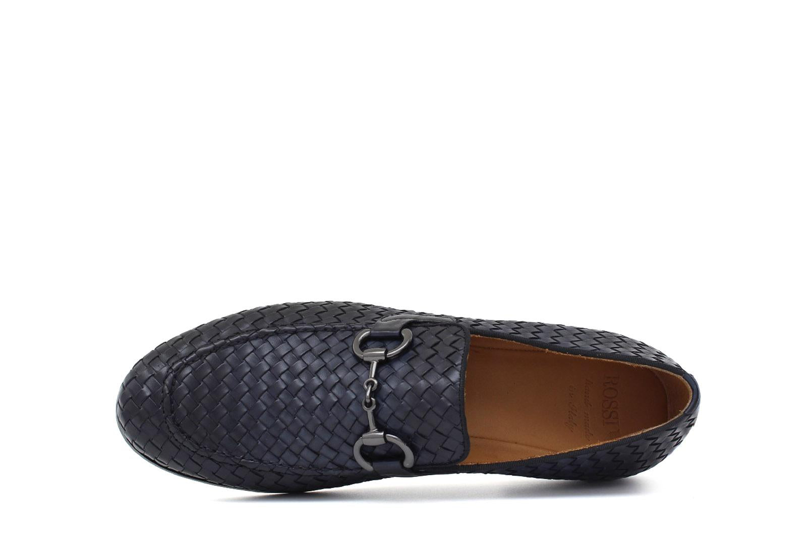 Mocassino lavorazione a sacchetto intero in vitello intrecciato blu con fondo in cuoio antiscivolo cucito blake 268VCBLU 260 ROSSI