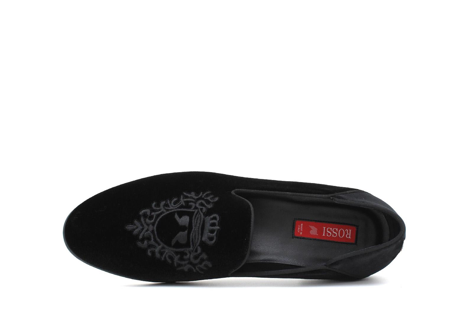 Pantofola con ricamo Rossi in velluto nero con fondo cuoio antiscivolo 225SCDNE 216 ROSSI