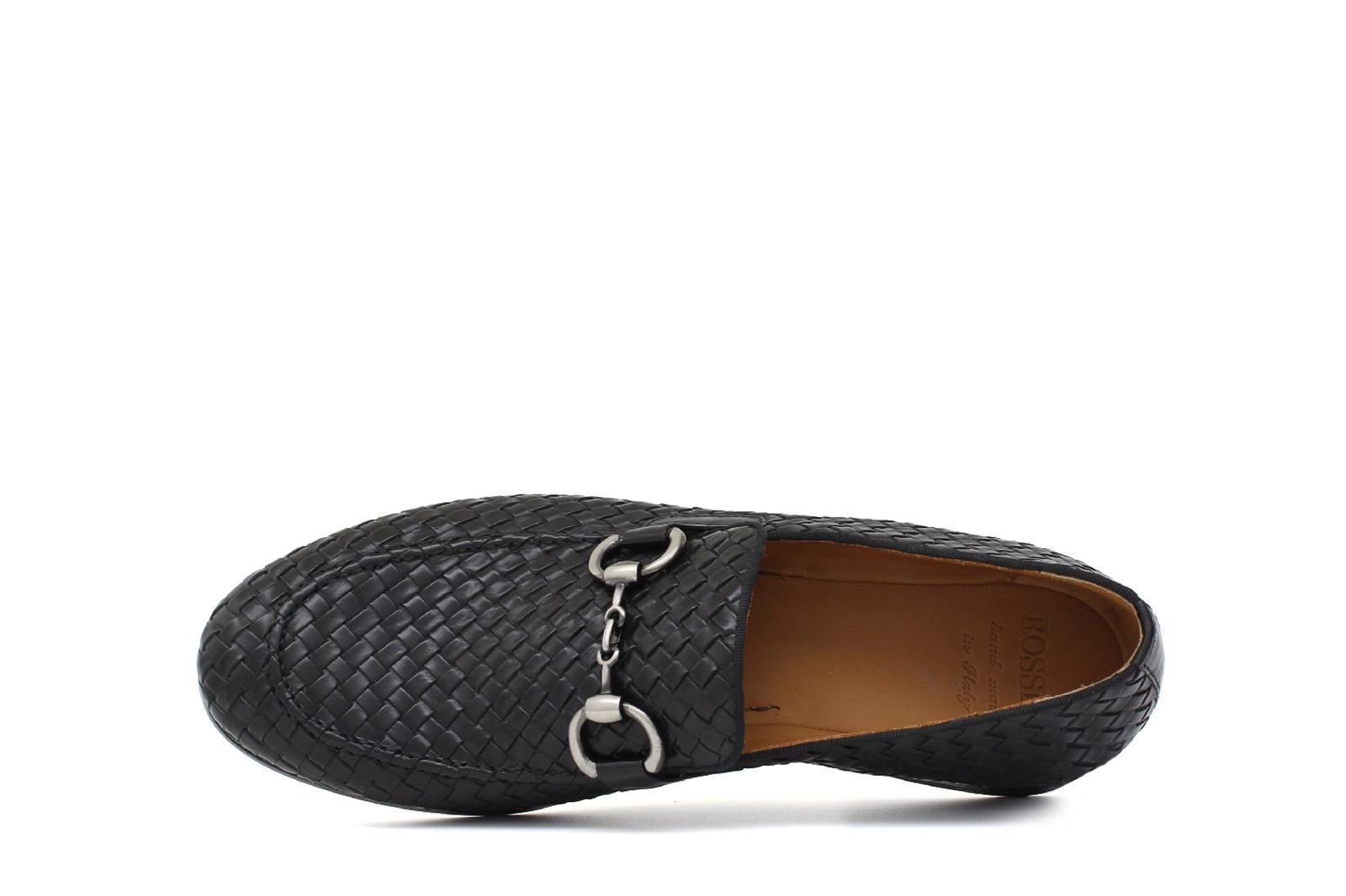 Mocassino lavorazione a sacchetto intero in vitello intrecciato nero con fondo in cuoio antiscivolo cucito blake 268VCNE 251 ROSSI