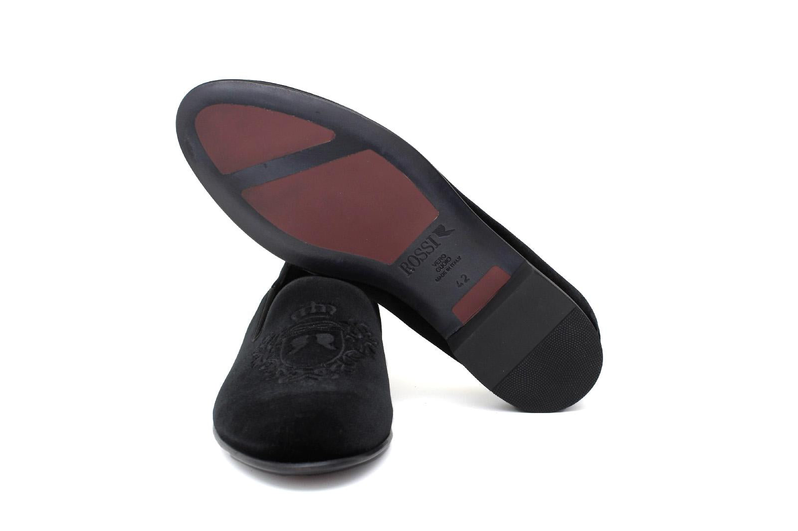 Pantofola con ricamo Rossi in velluto nero con fondo cuoio antiscivolo 225SCDNE 216 ROSSI