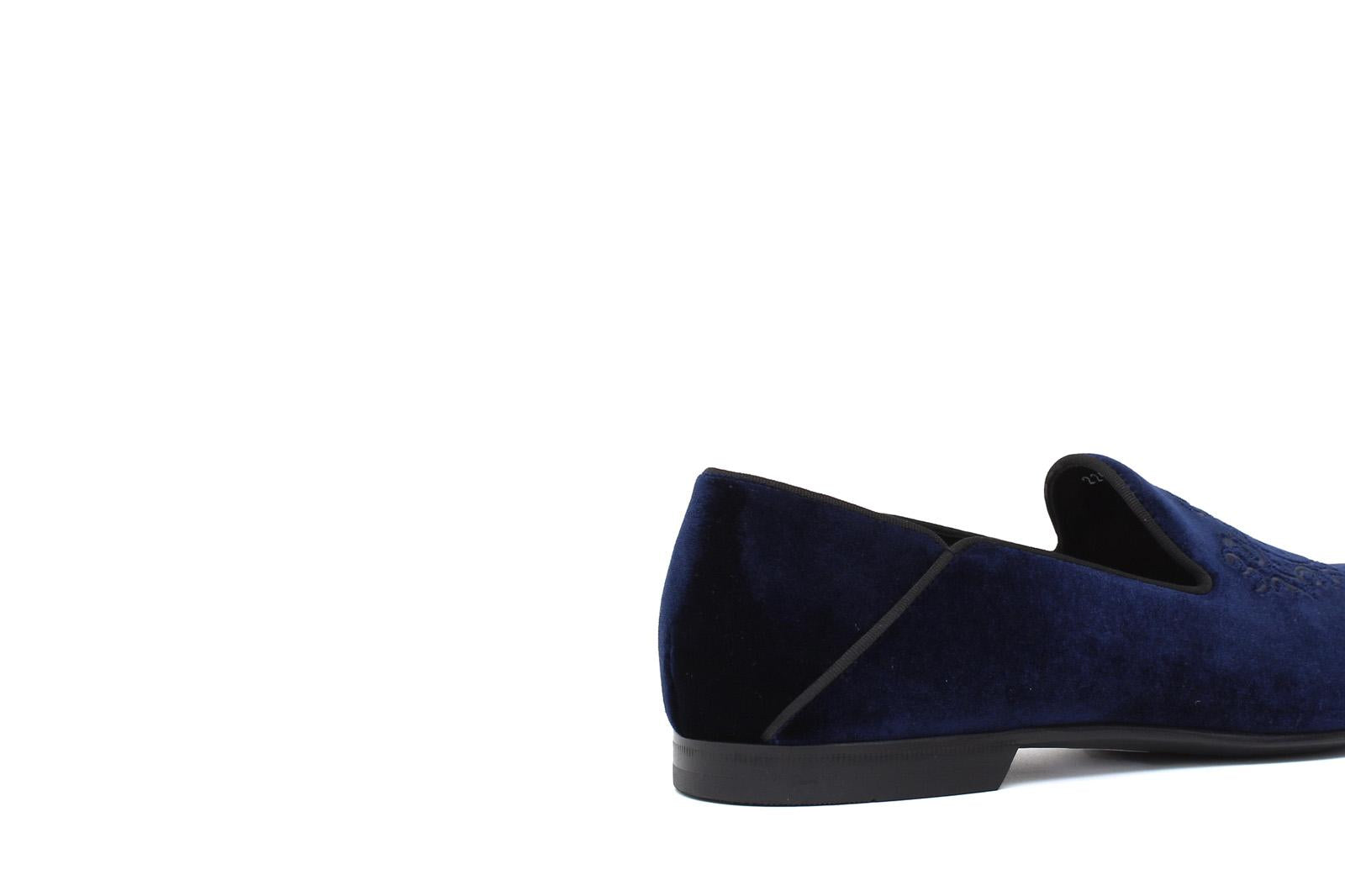 Pantofola con ricamo Rossi in velluto blu scuro con fondo cuoio antiscivolo 225SCDBLU 11 ROSSI