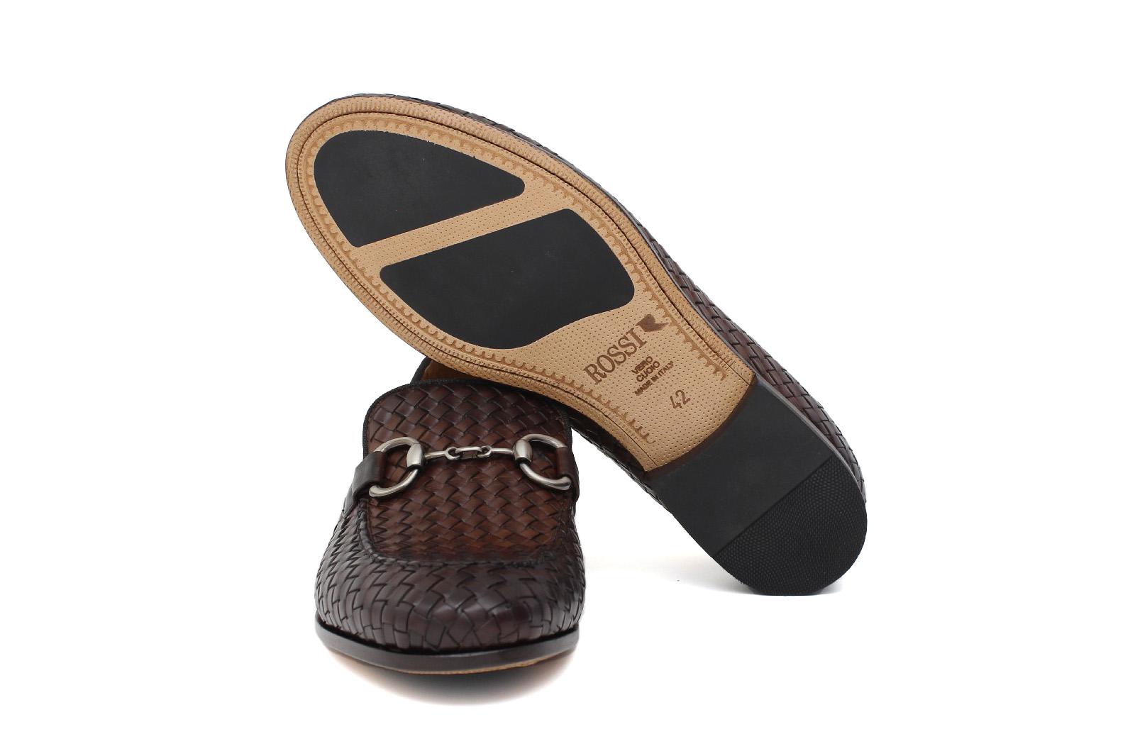 Mocassino lavorazione a sacchetto intero in vitello intrecciato marrone con fondo in cuoio antiscivolo cucito blake 268VCCA 353 ROSSI
