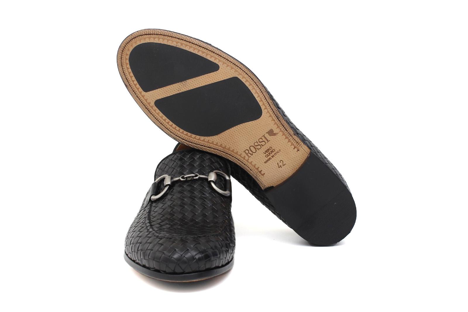 Mocassino lavorazione a sacchetto intero in vitello intrecciato nero con fondo in cuoio antiscivolo cucito blake 268VCNE 251 ROSSI