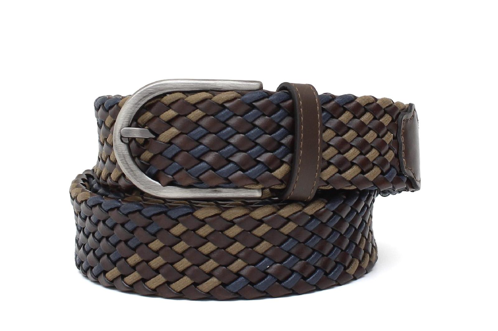 Cinta h 35 intreccio combinato in pelle e corda nel colore testa di moro, blu e camel con fibbia in nikel satinato F0311CFSPRICTB 60 ROSSI