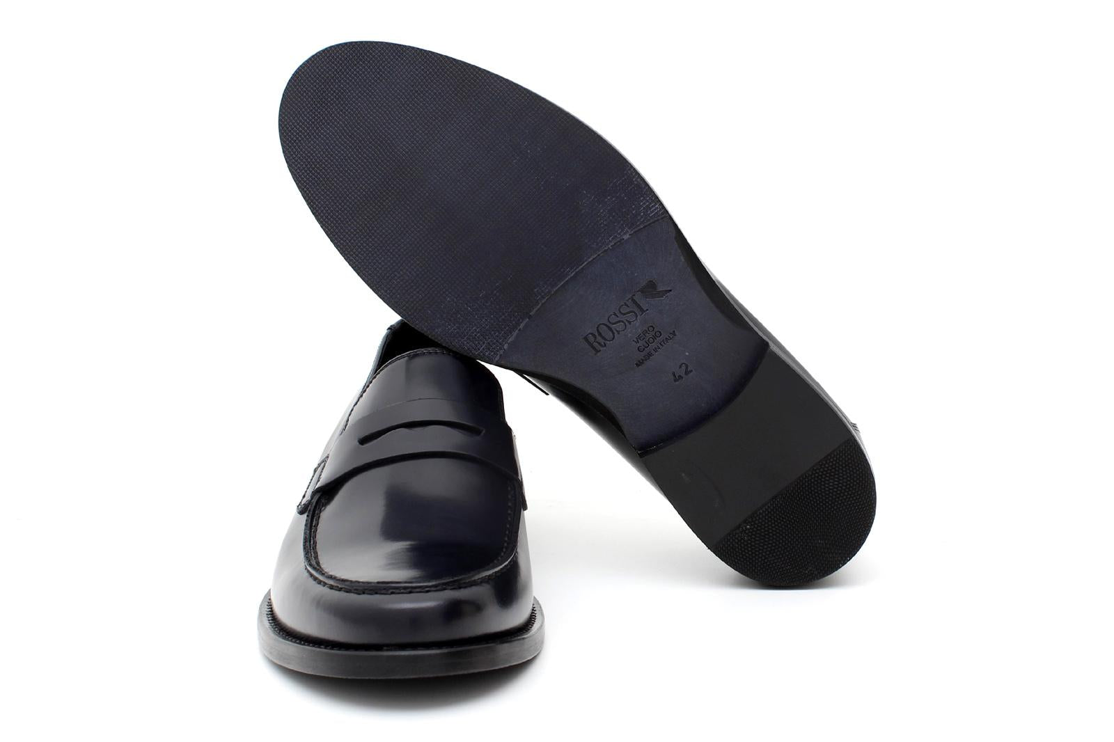 Mocassino con mascherina in vitello spazzolato blu scuro e fondo in cuoio 6834TBCUO 427 ROSSI