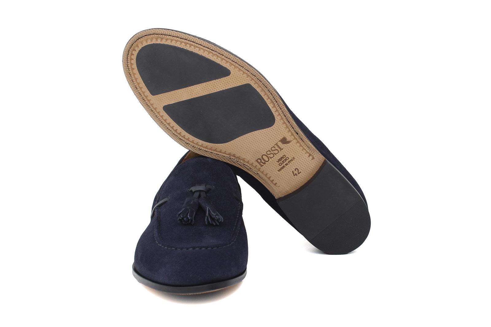 Mocassino a sacchetto intero in camoscio blu e fondo in cuoio antiscivolo cucito blake 266FBLU 1107 ROSSI