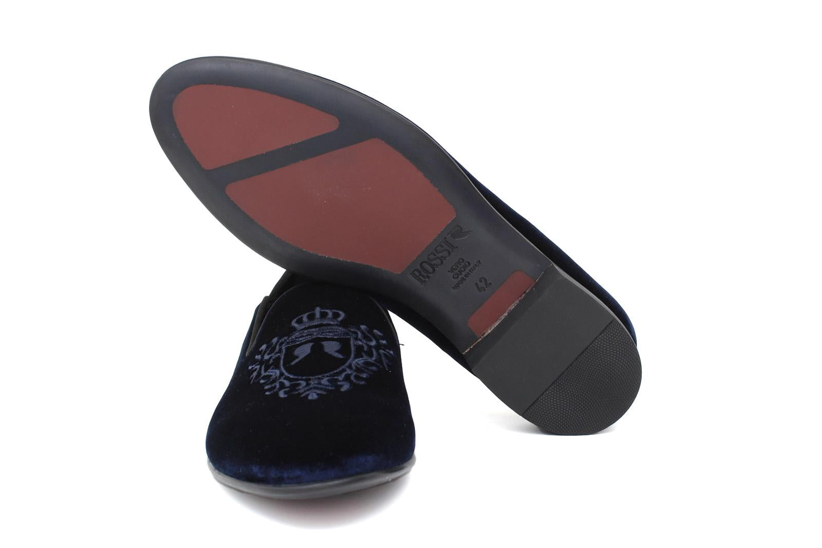 Pantofola con ricamo Rossi in velluto blu scuro con fondo cuoio antiscivolo 225SCDBLU 11 ROSSI
