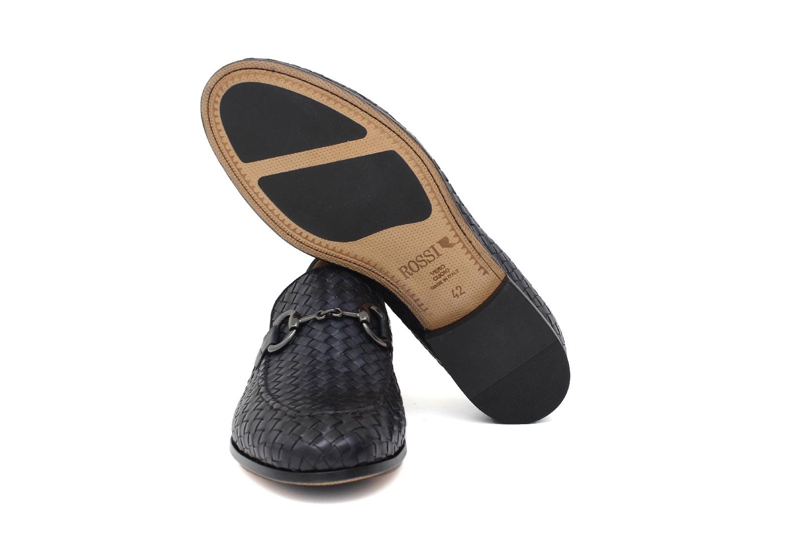 Mocassino lavorazione a sacchetto intero in vitello intrecciato blu con fondo in cuoio antiscivolo cucito blake 268VCBLU 260 ROSSI