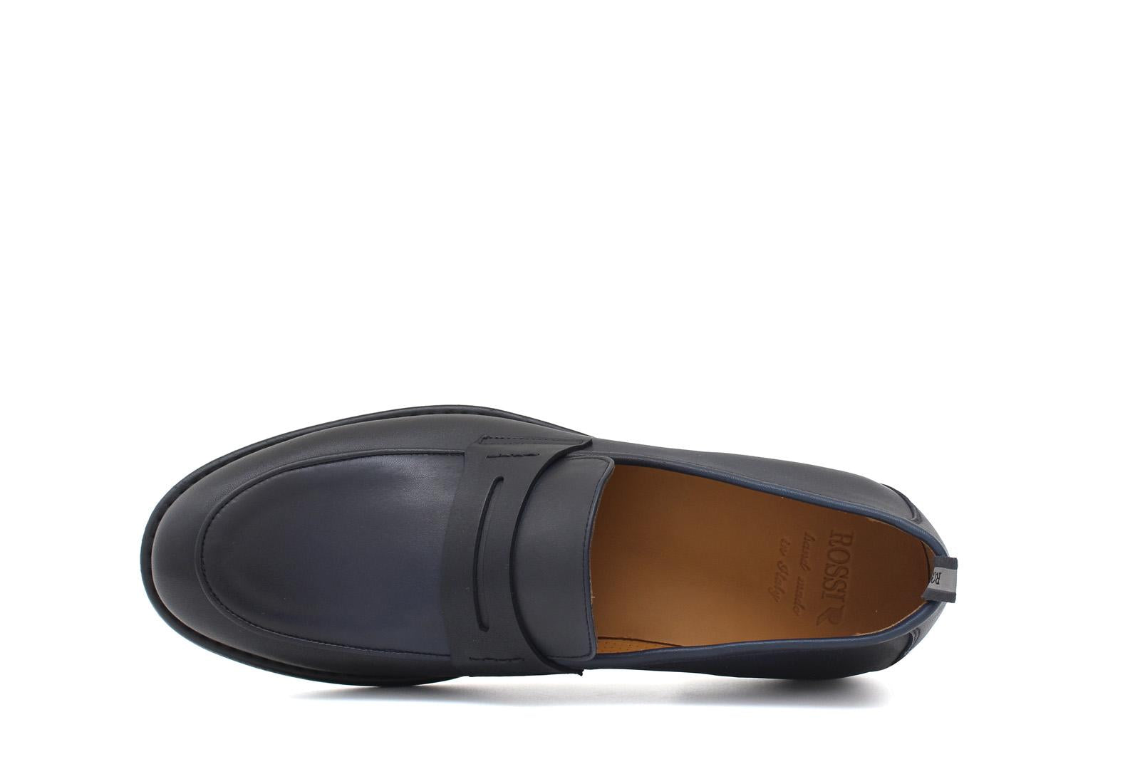 Mocassino in vitello naturale colore blu sfumato con fondo in gomma cucito 1062DIXB 4 ROSSI