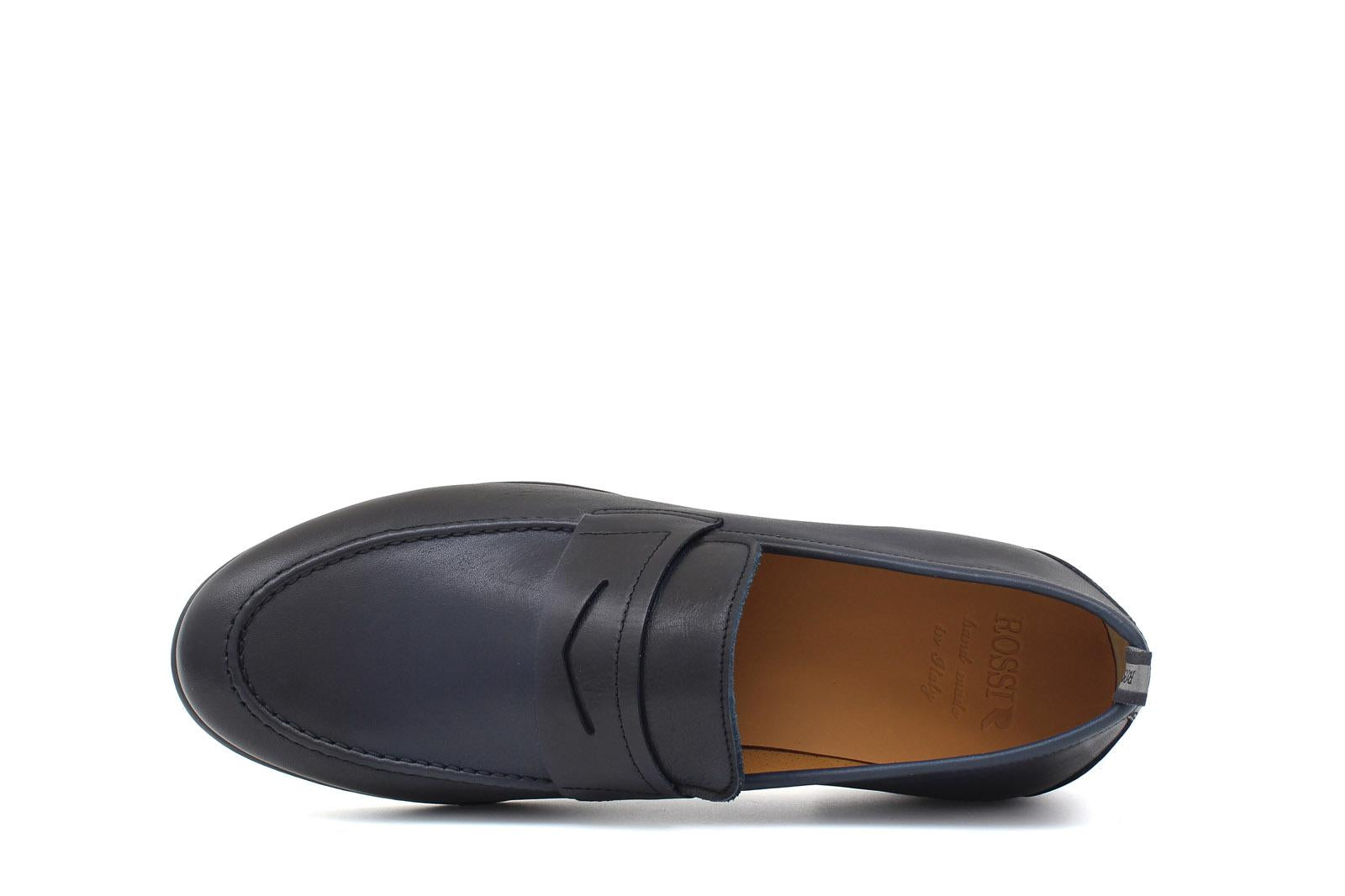 Mocassino in vitello naturale colore blu sfumato con fondo in gomma cucito 1457CDIXB 138 ROSSI