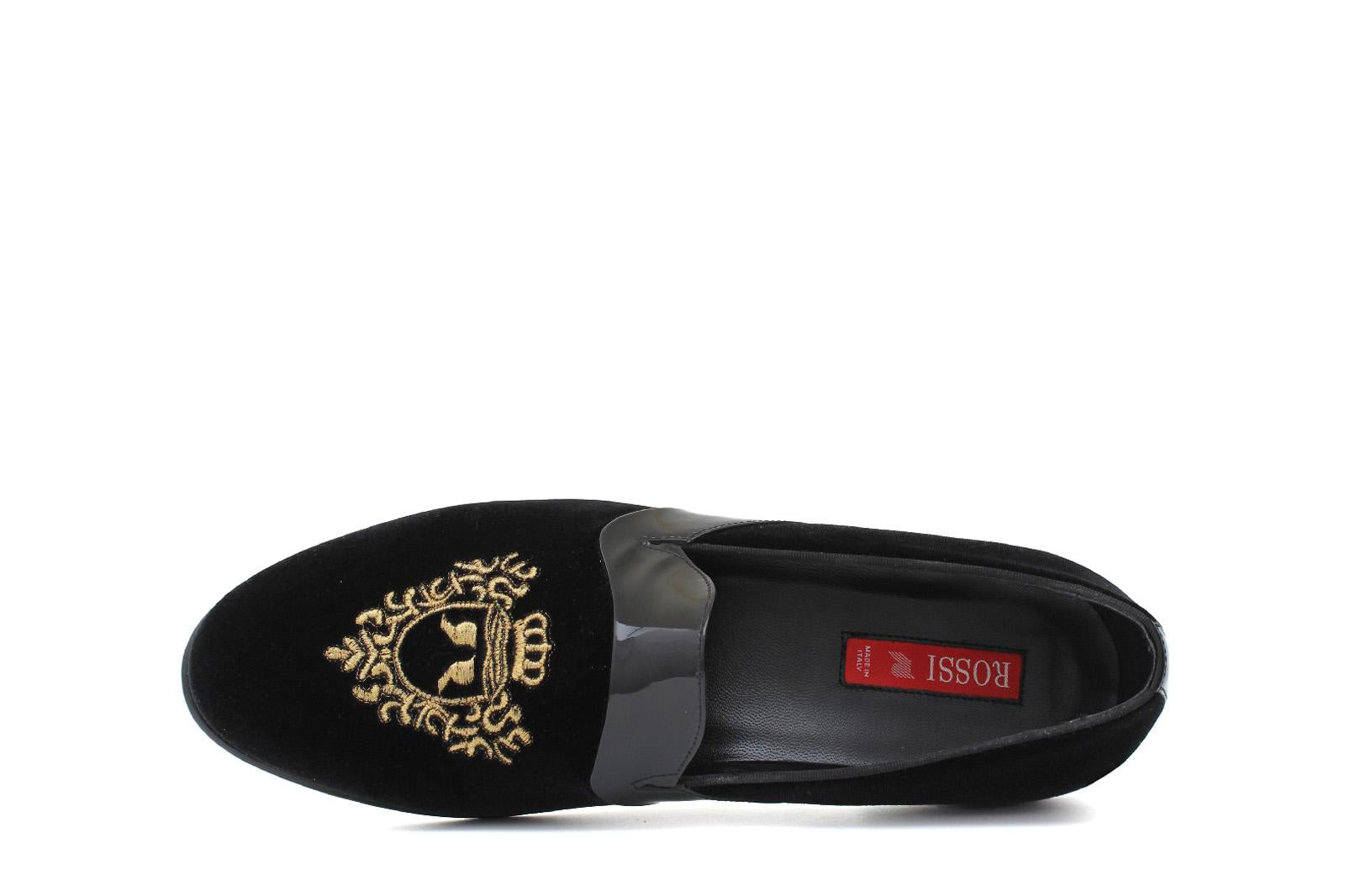 Pantofola con ricamo in velluto nero, riporto in vernice e fondo in cuoio antiscivolo 9671DRAGN 477 ROSSI