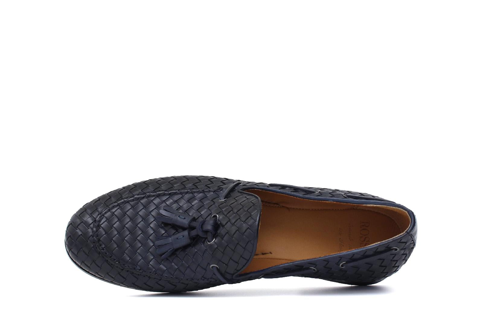 Mocassino a sacchetto intero intrecciato nel colore blu sfumato con fondo cuoio antiscivolo 265VITCBL 518 ROSSI
