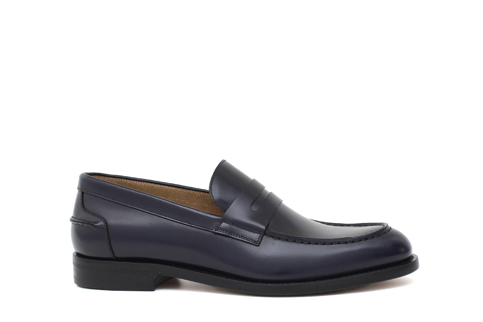 Mocassino sfoderato in vitello spazzolato blu con fondo in cuoio antiscivolo cucito blake 6651CBLU 977 ROSSI