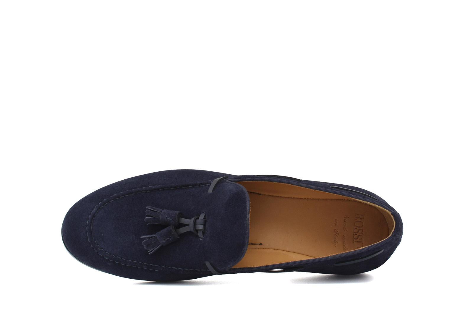 Mocassino a sacchetto intero in camoscio blu e fondo in cuoio antiscivolo cucito blake 266FBLU 1107 ROSSI
