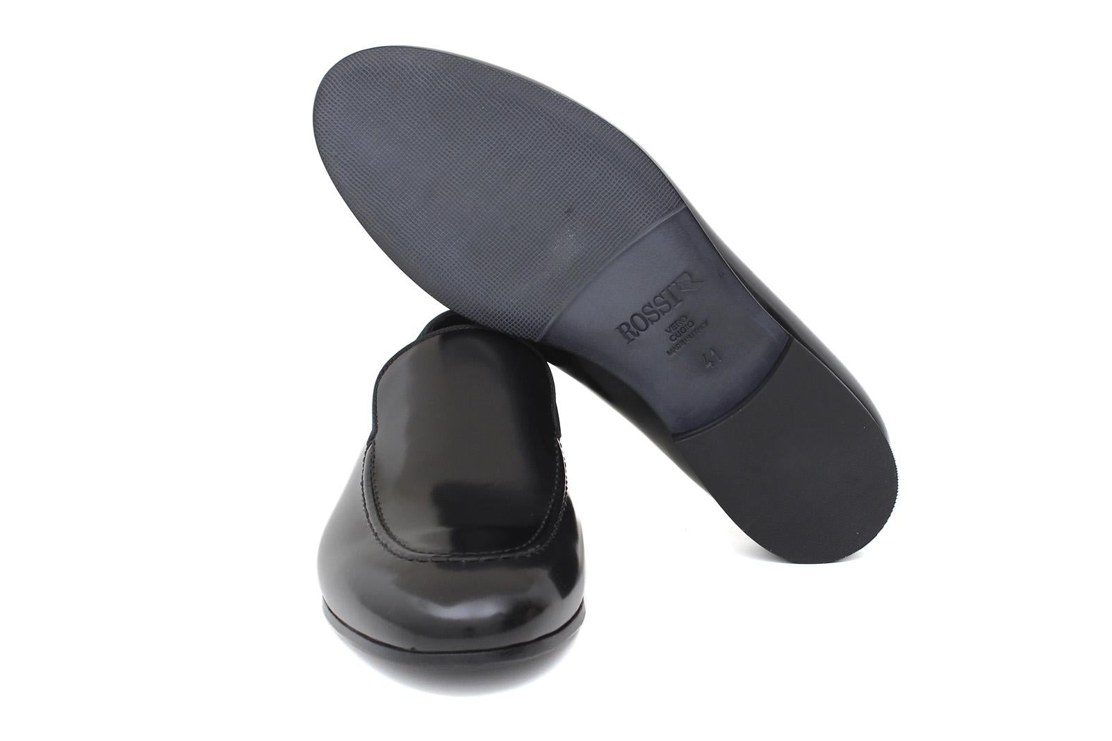 Mocassino in vitello spazzolato lucido colore nero con fondo in cuoio 1452TN 200 ROSSI