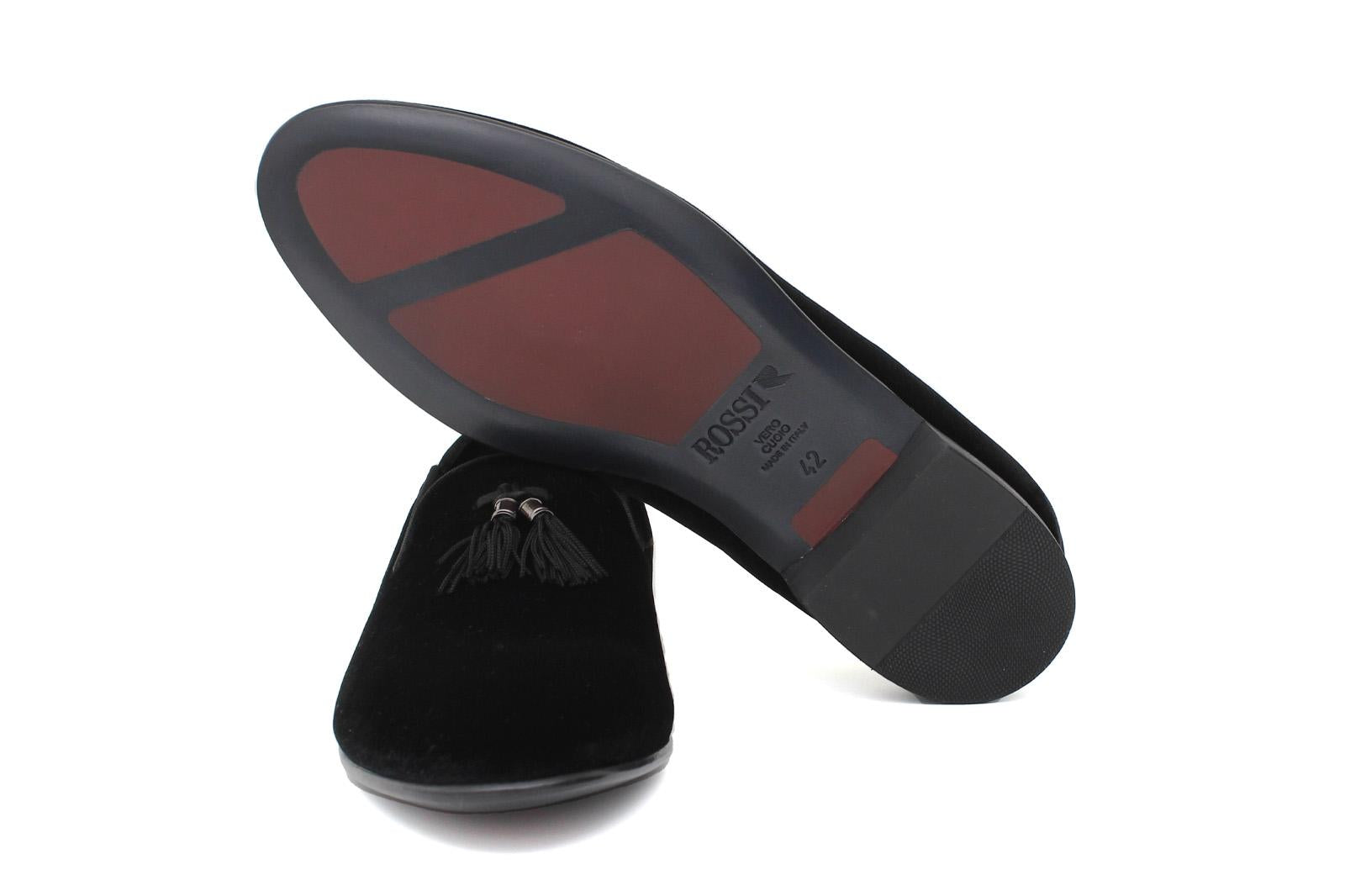 Pantofola con mappine in velluto nero con fondo cuoio antiscivolo 225DRANER 154 ROSSI