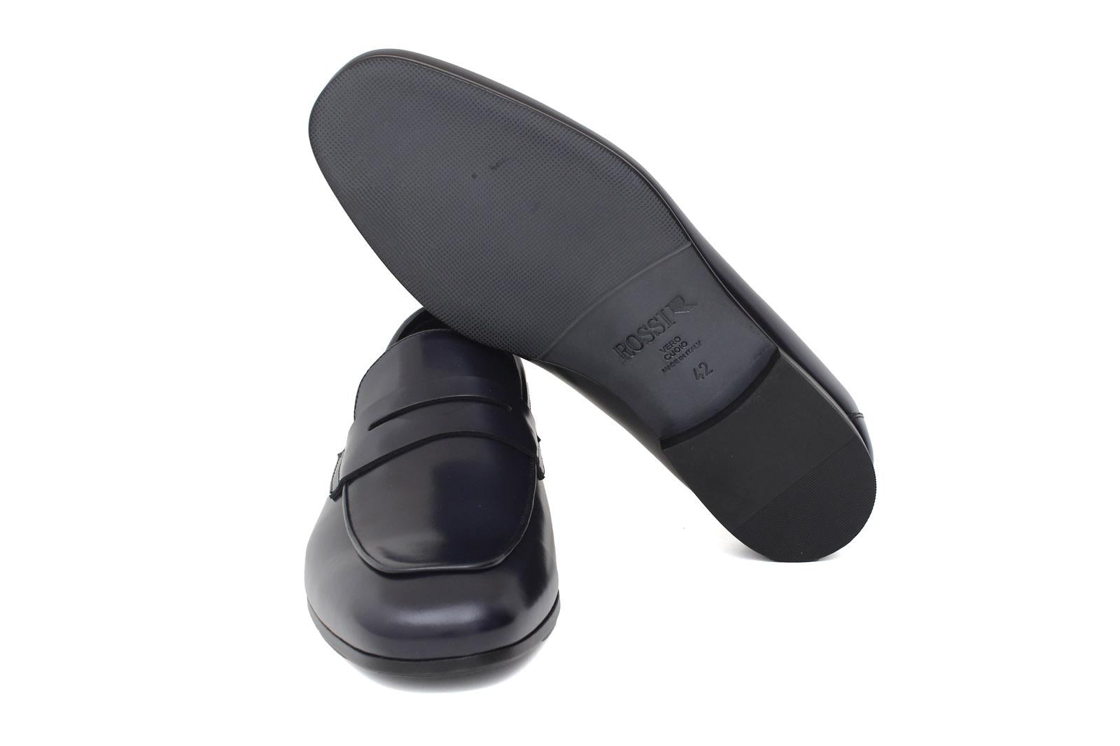 Mocassino in vitello spazzolato navy con fondo in cuoio 1464TBN 71 ROSSI