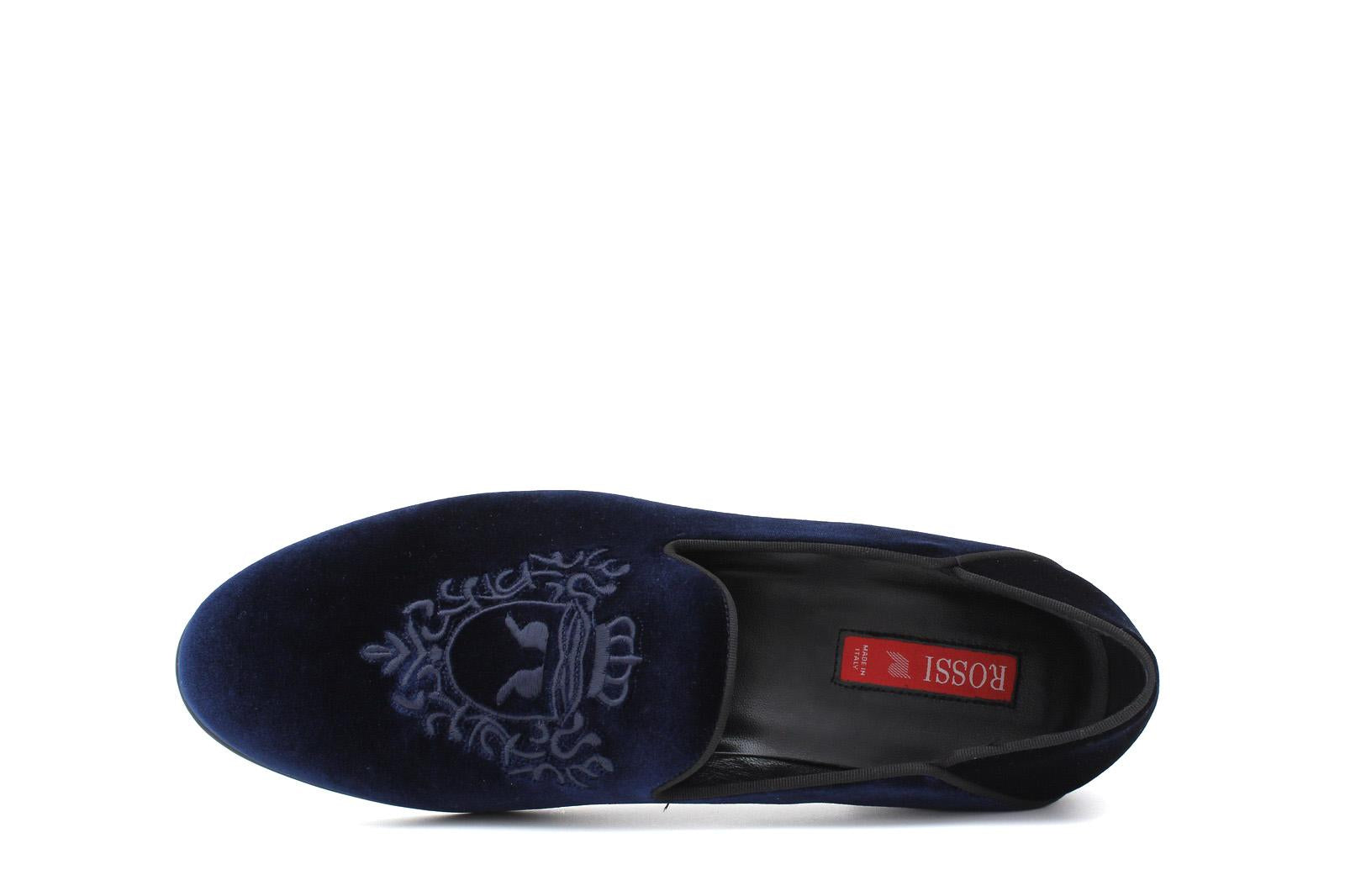 Pantofola con ricamo Rossi in velluto blu scuro con fondo cuoio antiscivolo 225SCDBLU 11 ROSSI