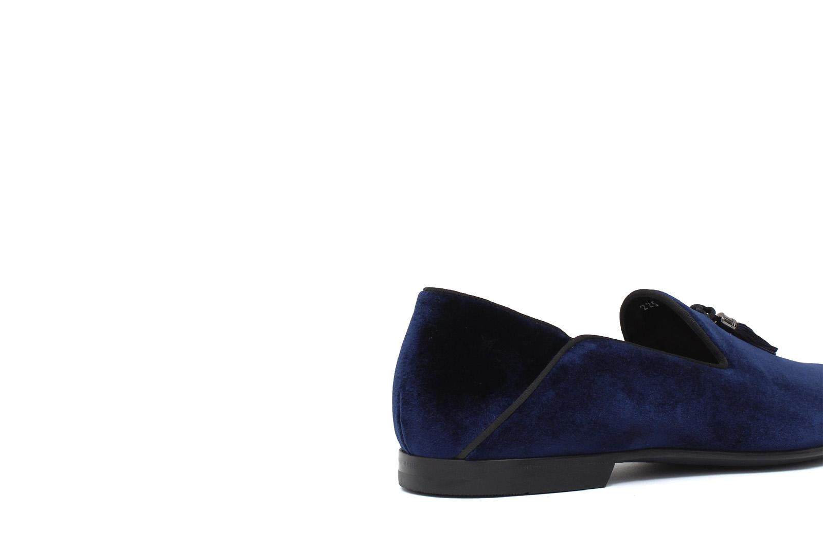 Pantofola con mappine in velluto blu scuro con fondo cuoio antiscivolo 225DRAB 1070 ROSSI