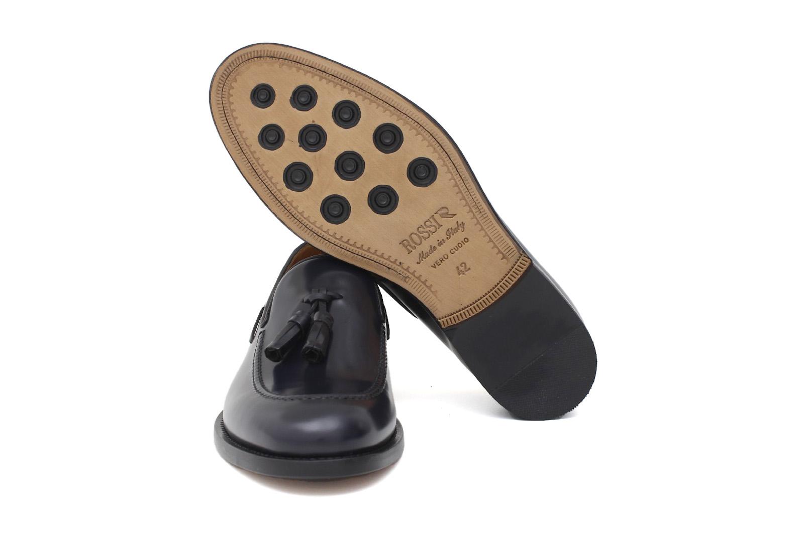 Mocassino sfoderato con mappine in vitello spazzolato blu con fondo in cuoio antiscivolo cucito blake 7637CHEB 378 ROSSI