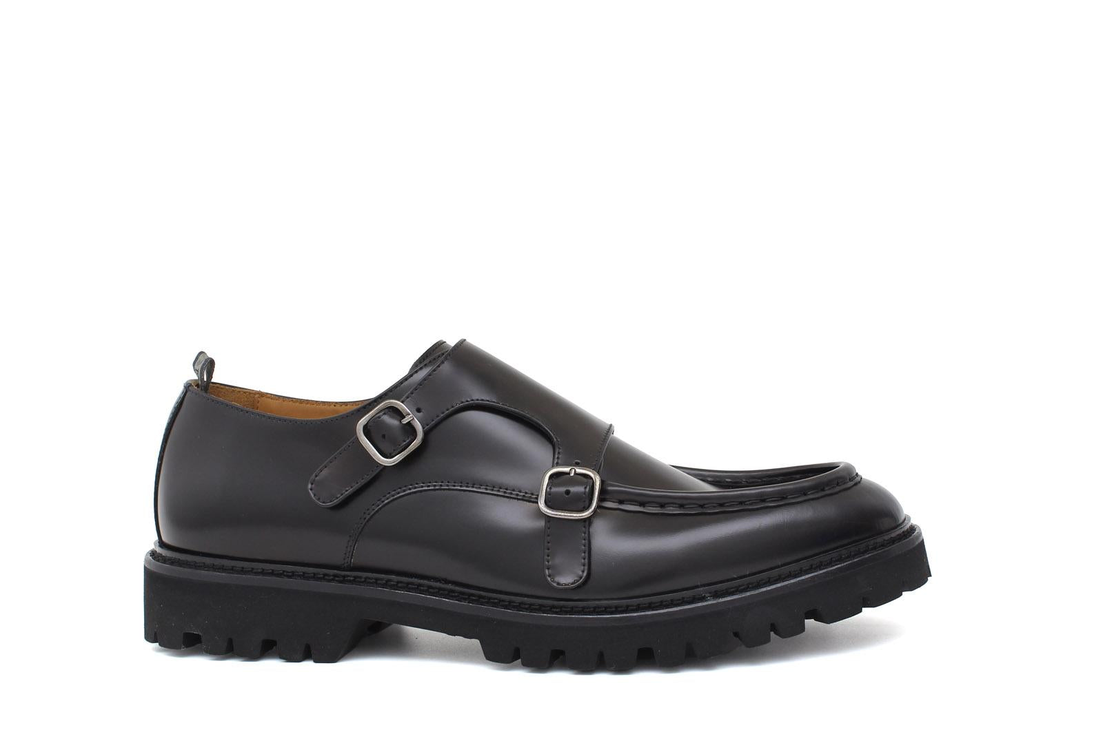 Doppia fibbia in vitello spazzolato nero e fondo gomma leggera 882CALNE 12 ROSSI 