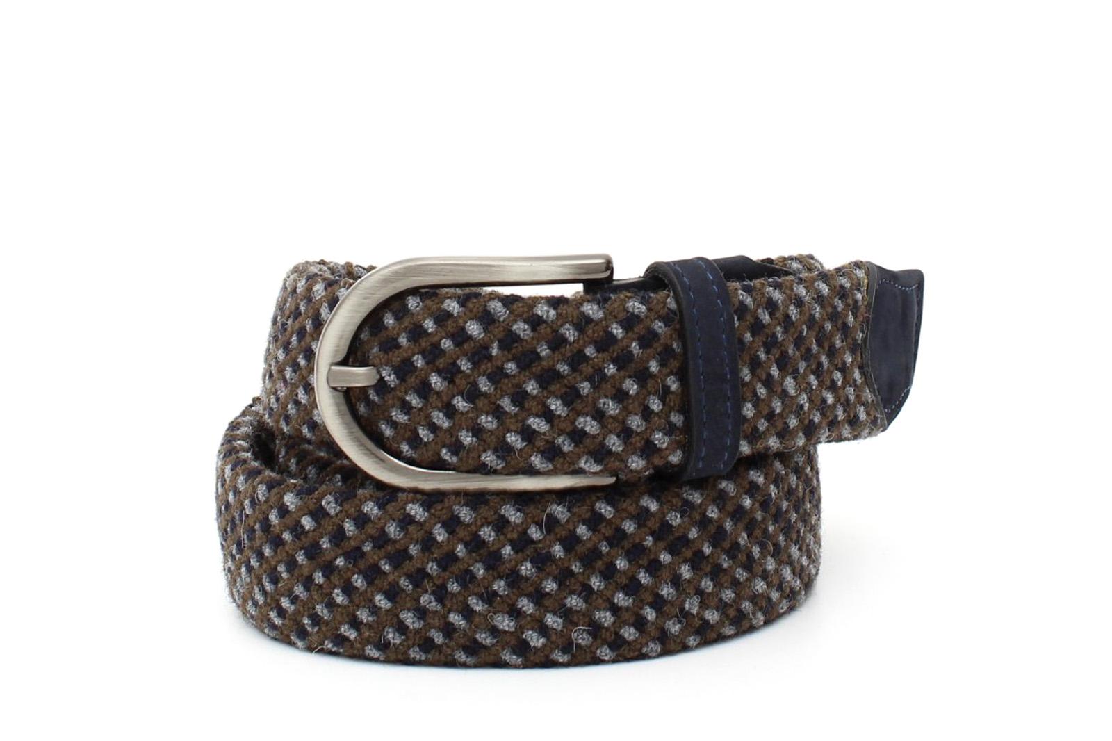 Cinta elasticizzata in lana colore marrone, blu e grigio  h35 con fibbia in canna di fucile spazzolato F0311CFNASLAB 123 ROSSI 