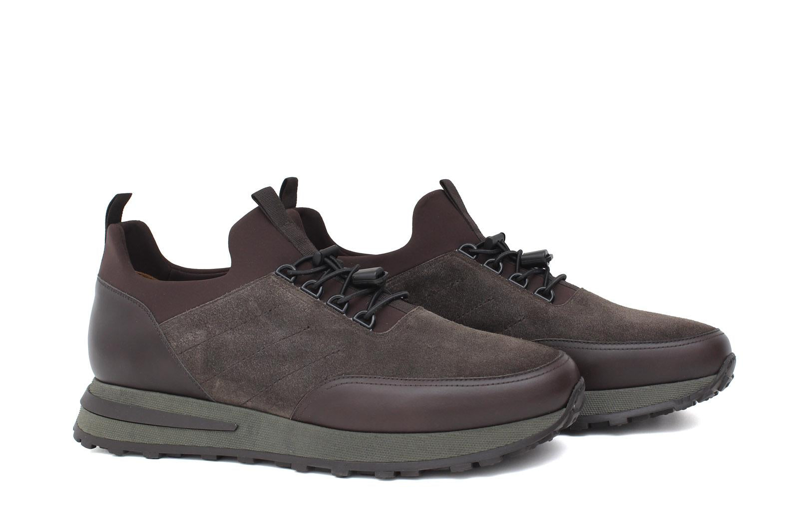 Sneakers in vitello morbido testa di moro con riporto in camoscio con fondo gomma verdone 925POLM 107 ROSSI 