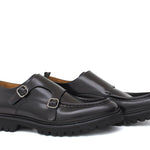 Doppia fibbia in vitello spazzolato nero e fondo gomma leggera 882CALNE 12 ROSSI 