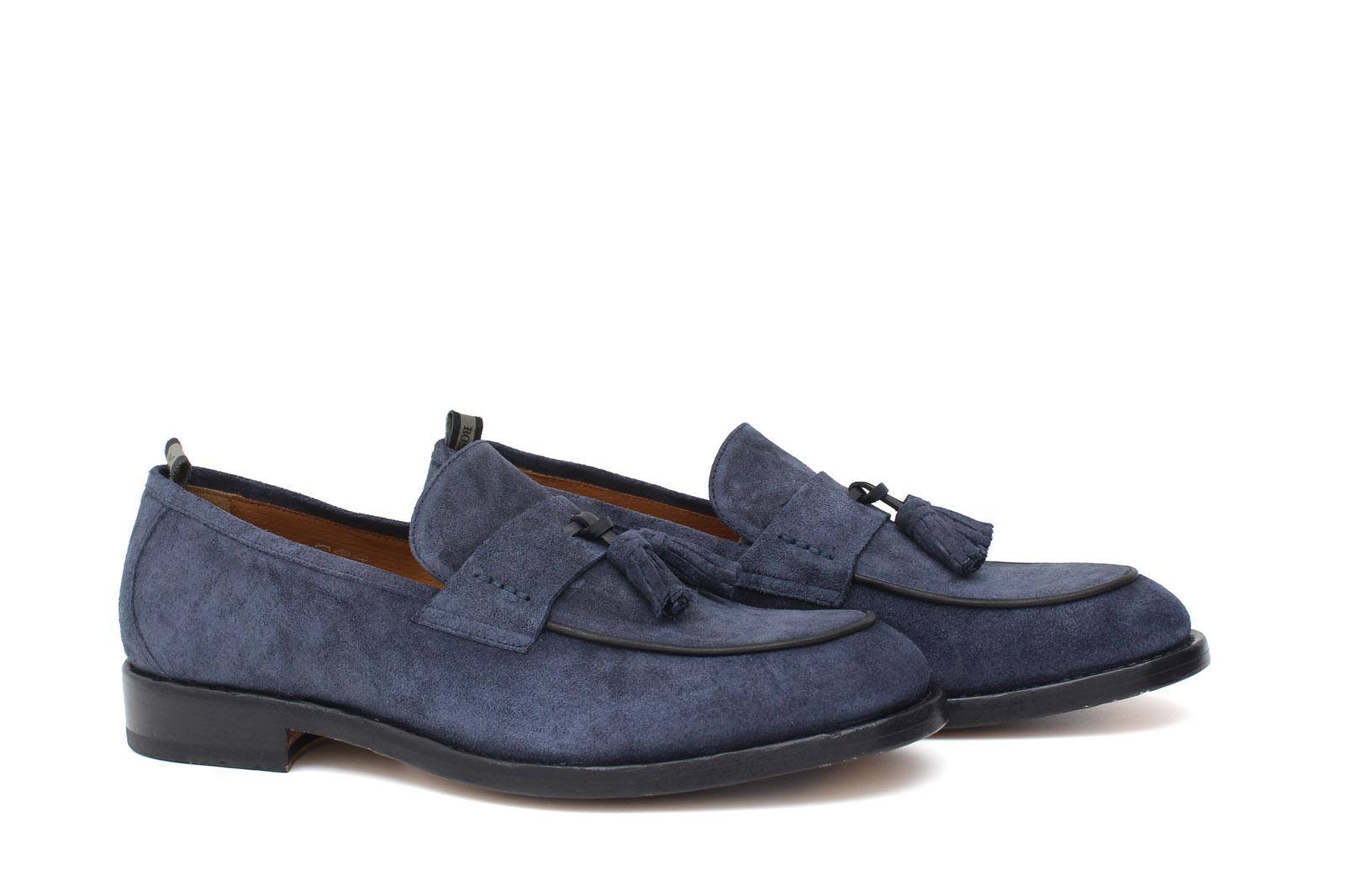 Mocassino in camoscio lavato navy  con fondo in cuoio antiscivolo lavato 1063VTZAF 14  UN ROSSI 