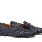 Mocassino lavorazione a sacchetto intero in vitello intrecciato blu con fondo in cuoio antiscivolo cucito blake 268VCBLU 260 ROSSI 