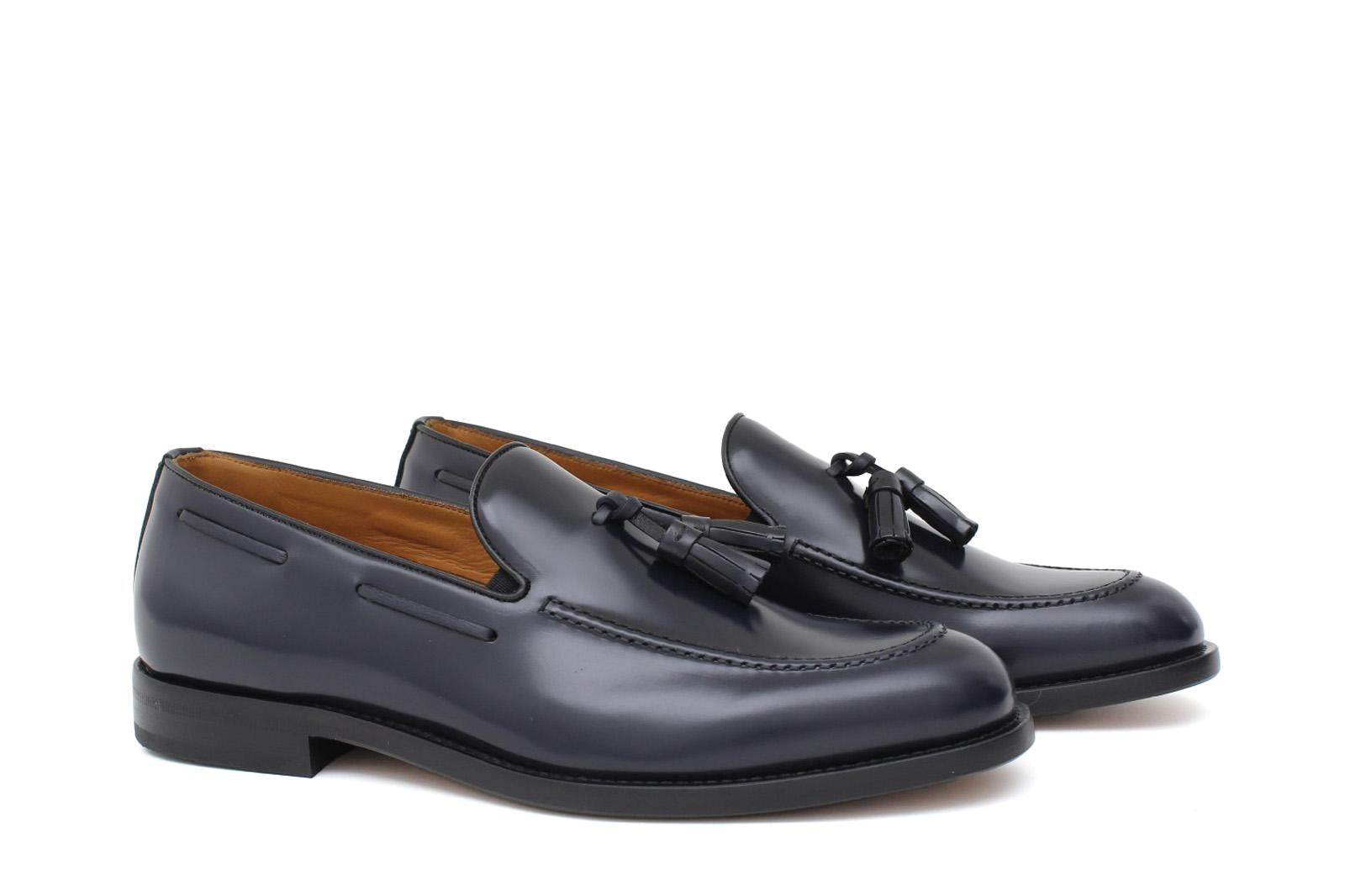 Mocassino sfoderato con mappine in vitello spazzolato blu con fondo in cuoio antiscivolo cucito blake 7637CHEB 378 ROSSI 