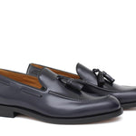 Mocassino sfoderato con mappine in vitello spazzolato blu con fondo in cuoio antiscivolo cucito blake 7637CHEB 378 ROSSI 