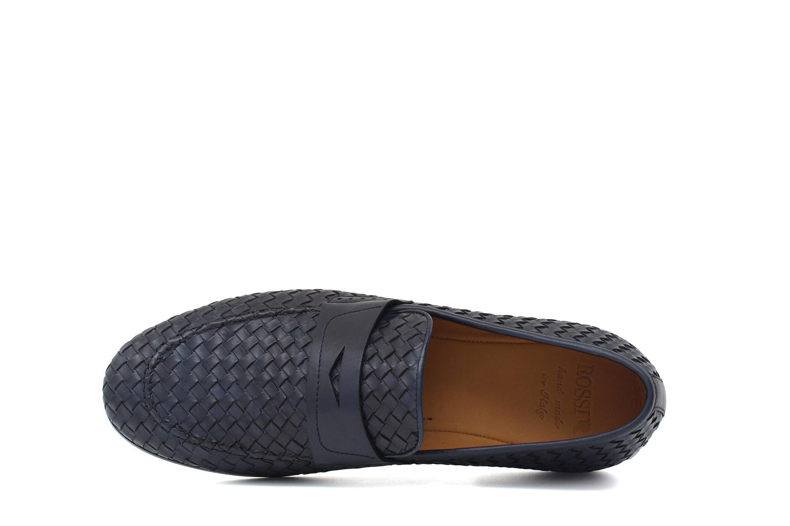 Mocassino in vitello intrecciato blu sfumato, lavorazione a sacchetto e fondo in cuoio con antiscivolo 263VCBLU 24 ROSSI 