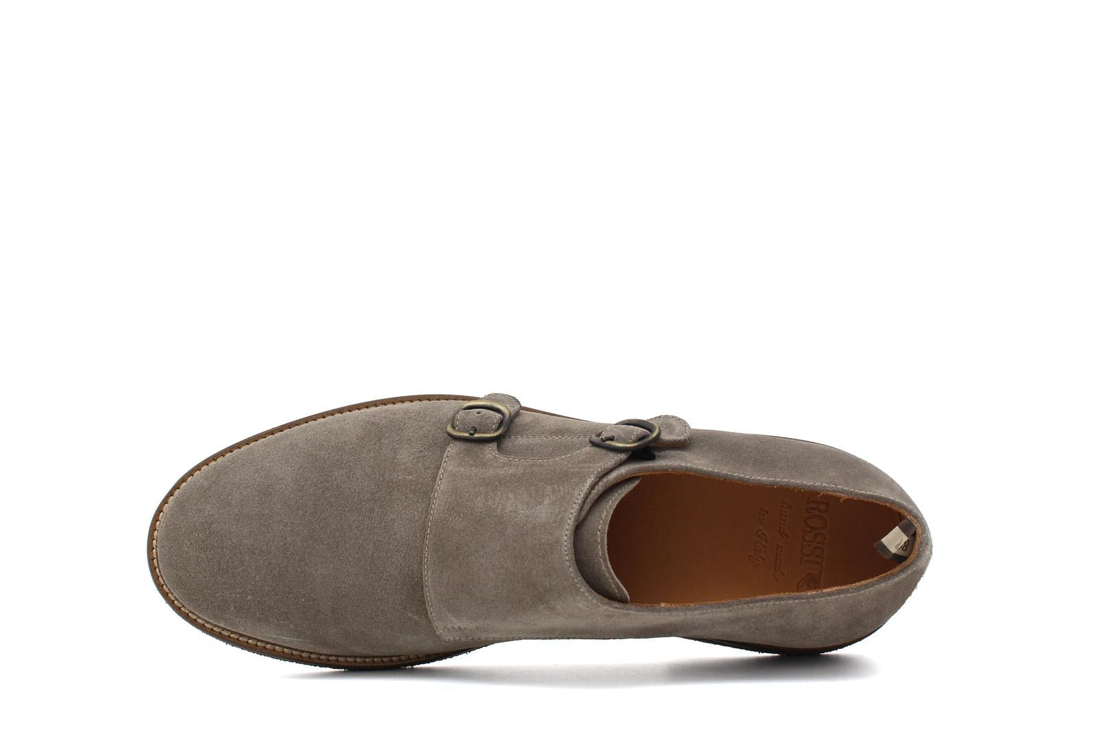 Monkstrap in camoscio color tortora con fondo in gomma poraosa cucita 8707FLOC 48 ROSSI 