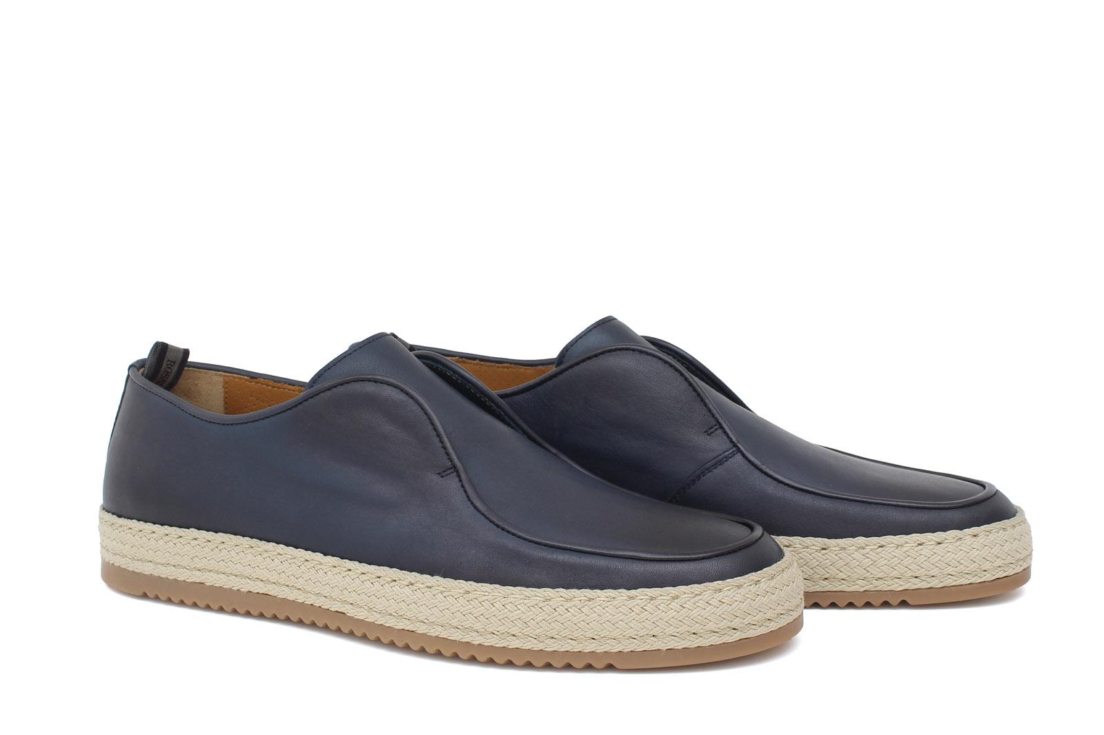 Slip on in vitello naturale blu  sfumato con fondo in gomma intrecciato 1093DBLU 17 ROSSI 