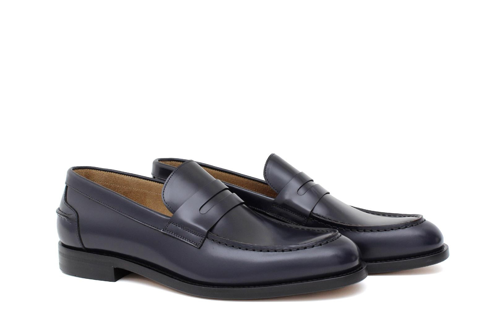 Mocassino sfoderato in vitello spazzolato blu con fondo in cuoio antiscivolo cucito blake 6651CBLU 977 ROSSI 