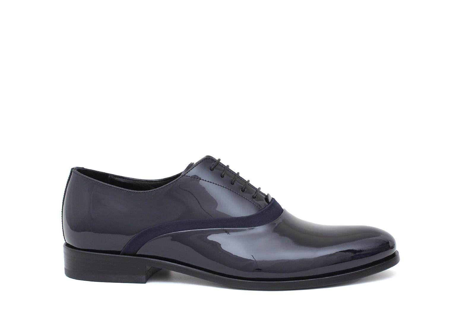 Francesina in vernice blu con riporto in raso con fondo cuoio 8618VBLU 956 ROSSI 