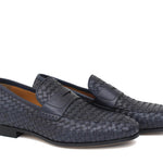Mocassino in vitello intrecciato blu sfumato, lavorazione a sacchetto e fondo in cuoio con antiscivolo 263VCBLU 24 ROSSI 