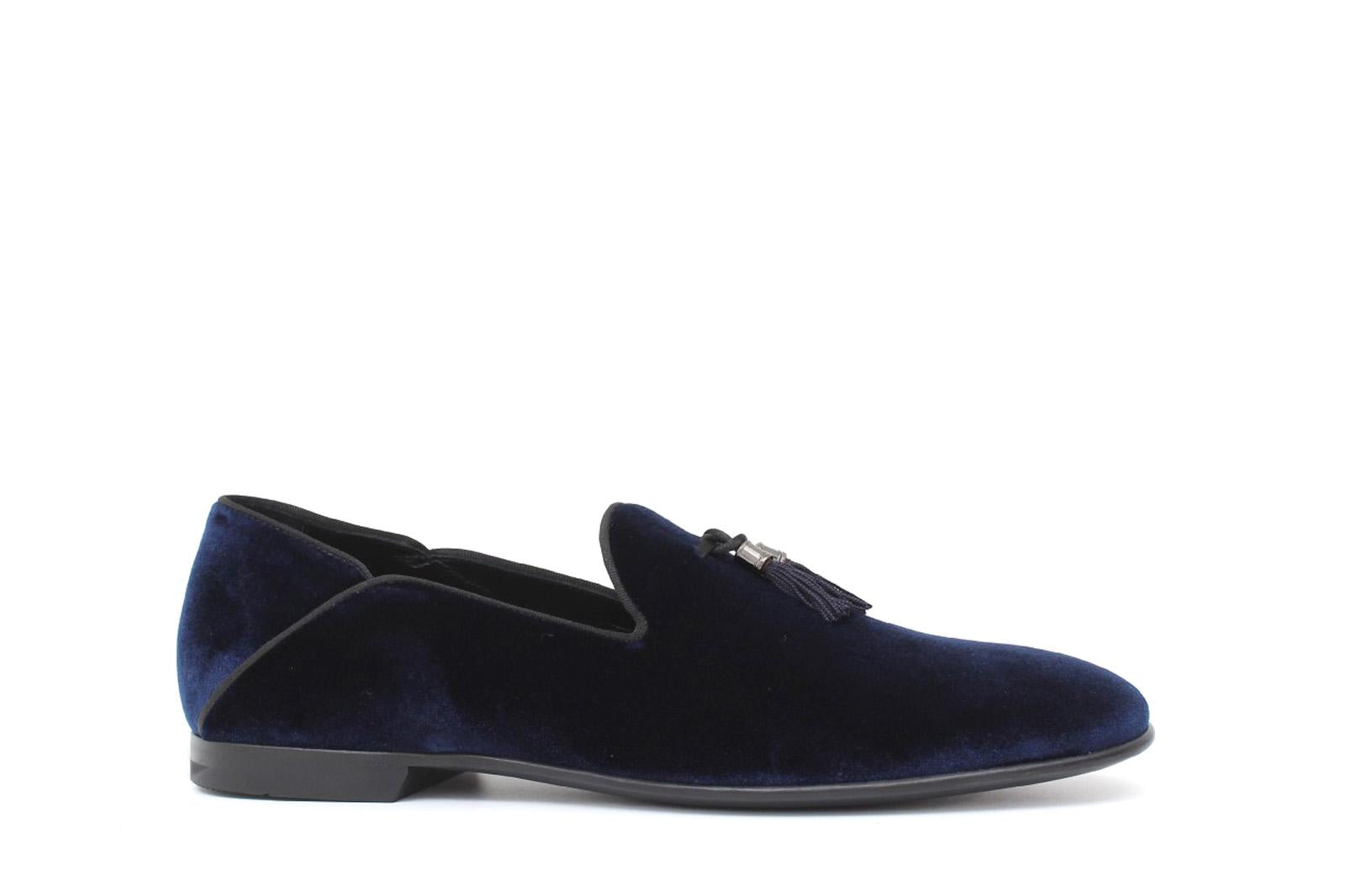 Pantofola con mappine in velluto blu scuro con fondo cuoio antiscivolo 225DRAB 1070 ROSSI 