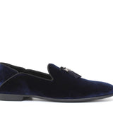 Pantofola con mappine in velluto blu scuro con fondo cuoio antiscivolo 225DRAB 1070 ROSSI 