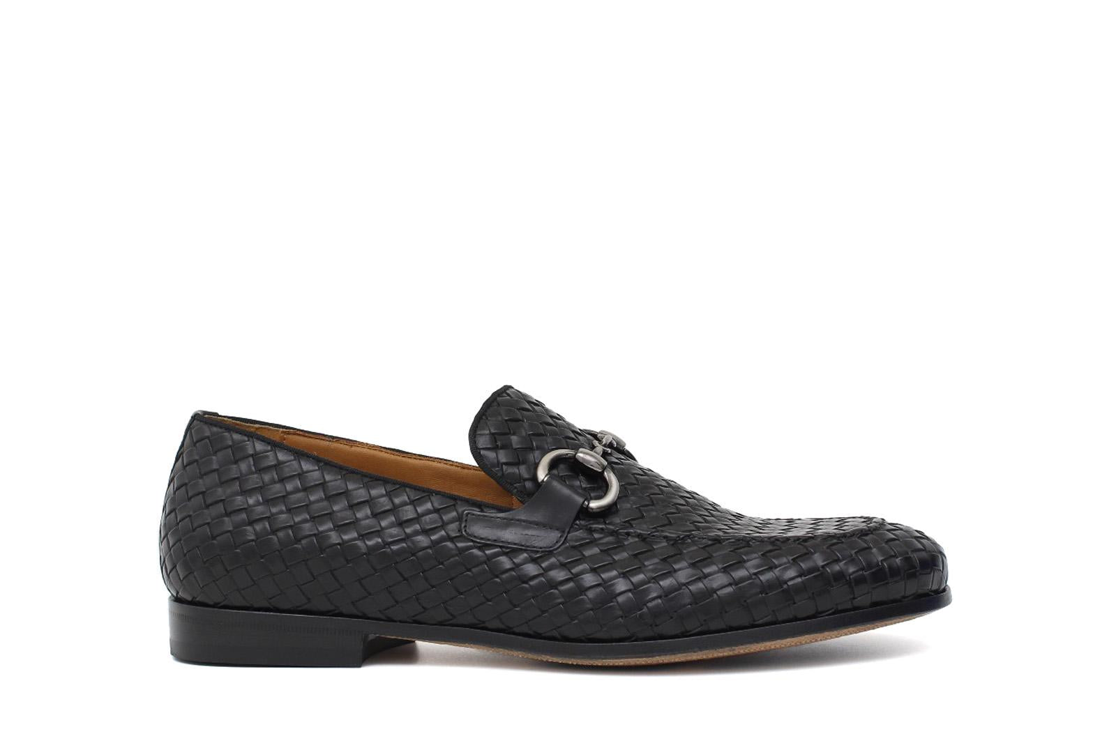 Mocassino lavorazione a sacchetto intero in vitello intrecciato nero con fondo in cuoio antiscivolo cucito blake 268VCNE 251 ROSSI 