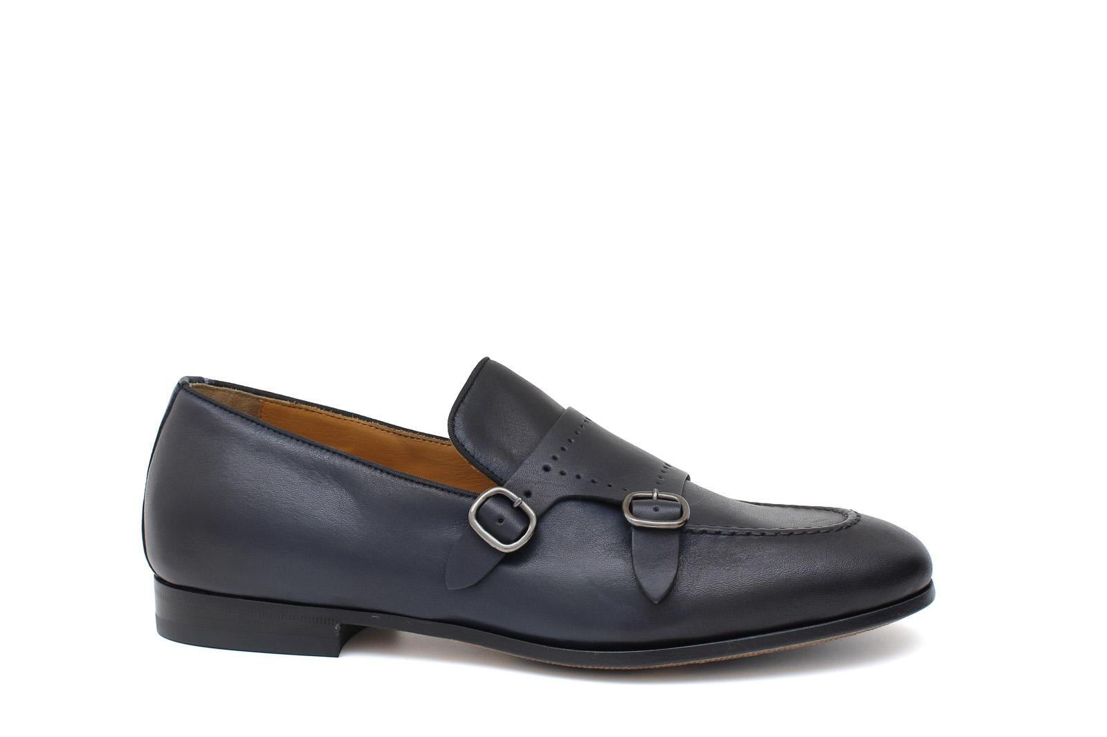 Doppia fibbia a sacchetto intero in vitello naturale blu sfumato e fondo in cuoio antiscivolo cucito blake 267DIXBLU 631 ROSSI 