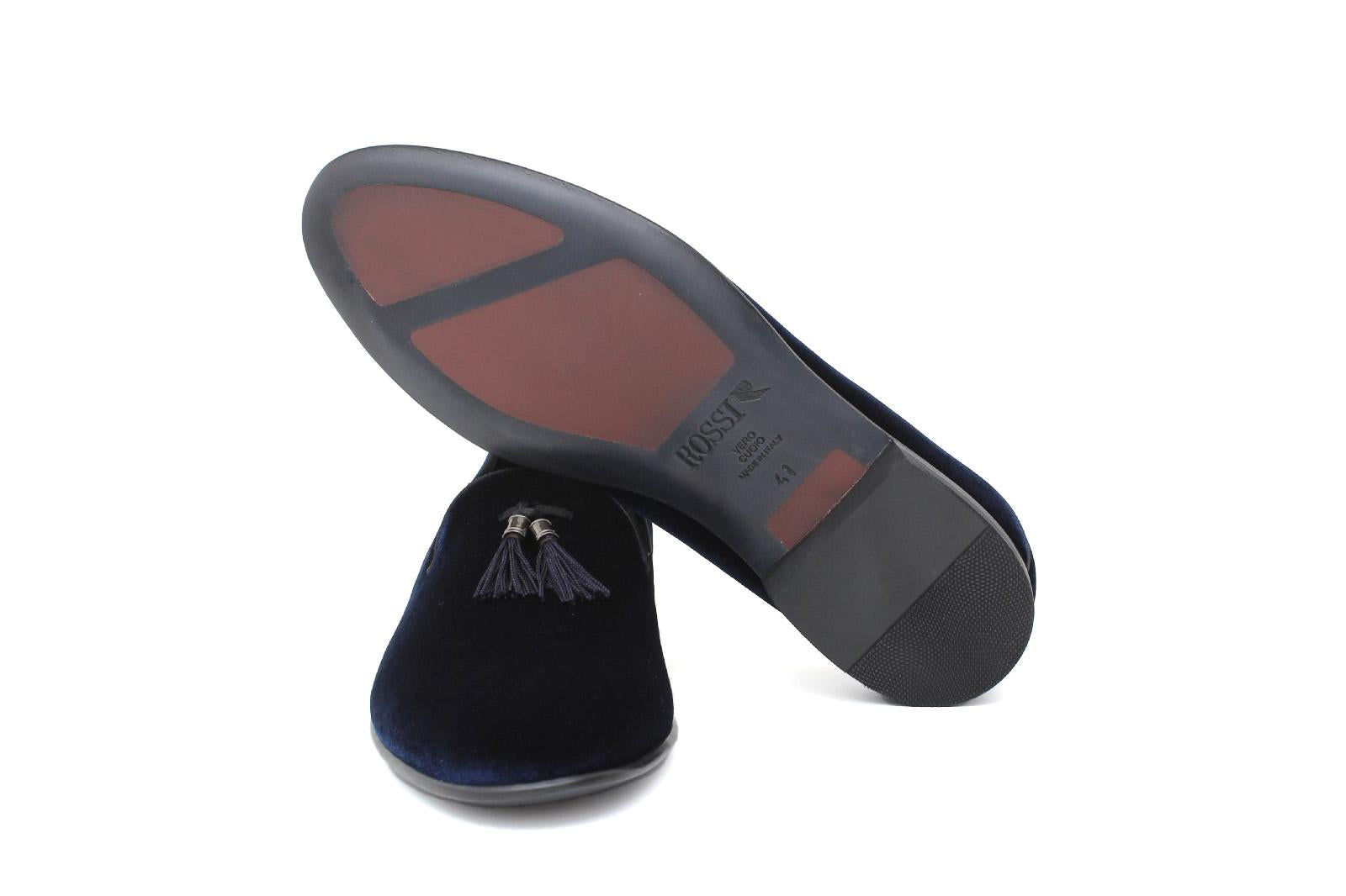 Pantofola con mappine in velluto blu scuro con fondo cuoio antiscivolo 225DRAB 1070 ROSSI 