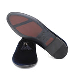 Pantofola con mappine in velluto blu scuro con fondo cuoio antiscivolo 225DRAB 1070 ROSSI 