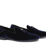Pantofola con mappine in velluto blu scuro con fondo cuoio antiscivolo 225DRAB 1070 ROSSI 